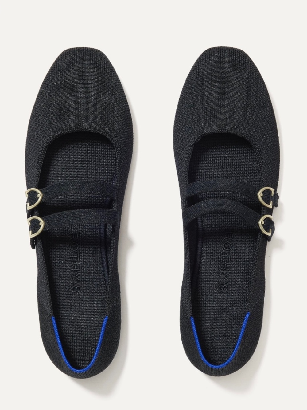 Rothy's Black Knit Mary Jane Flats with Blue Accent